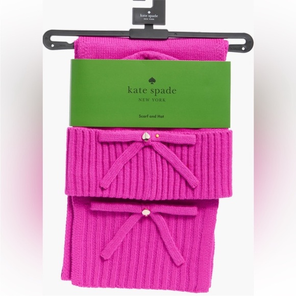 NEW kate spade new york Jeweled Bow Knit Beanie & Scarf Set In Marker Pink - Picture 2 of 9